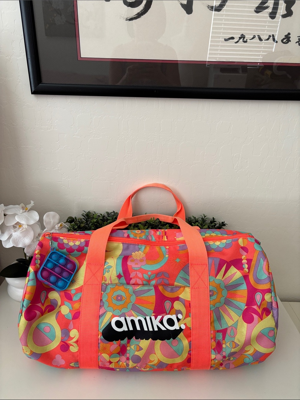 amika Neon Coral Multicolor Floral Travel Duffel